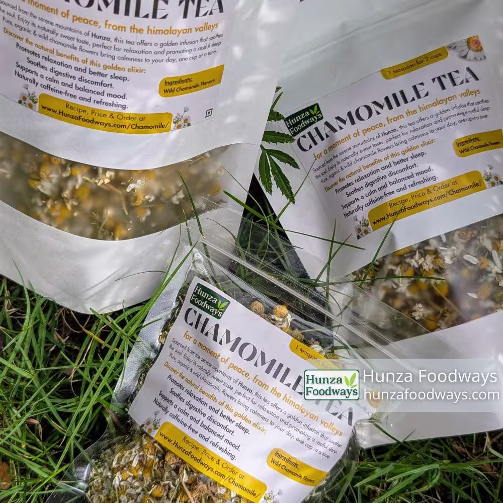 Brewed organic chamomile tea in a cup, Hunza Foodways Pakistan