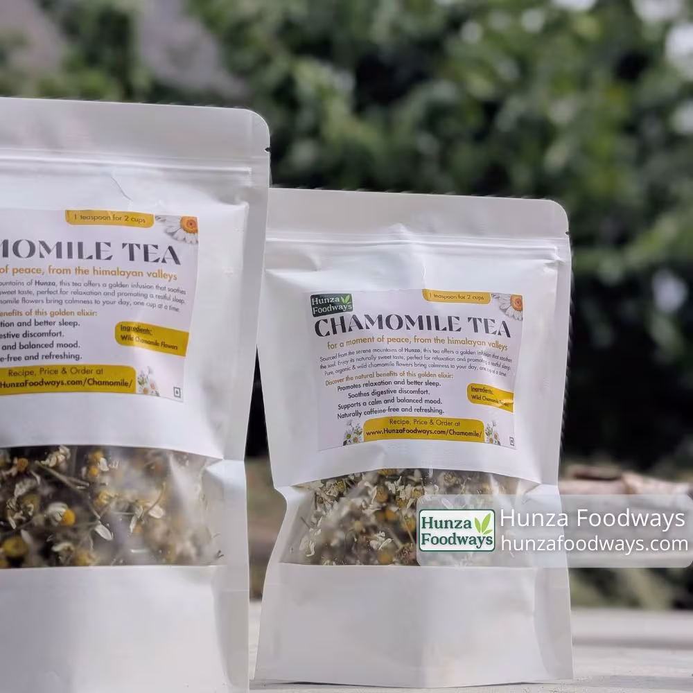 Chamomile tea (babuna) ingredients label, Hunza Foodways Pakistan