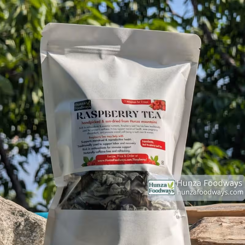 Pouch of loose leaf raspberry tea from Hunza Foodways standing on a rock with trees behind it